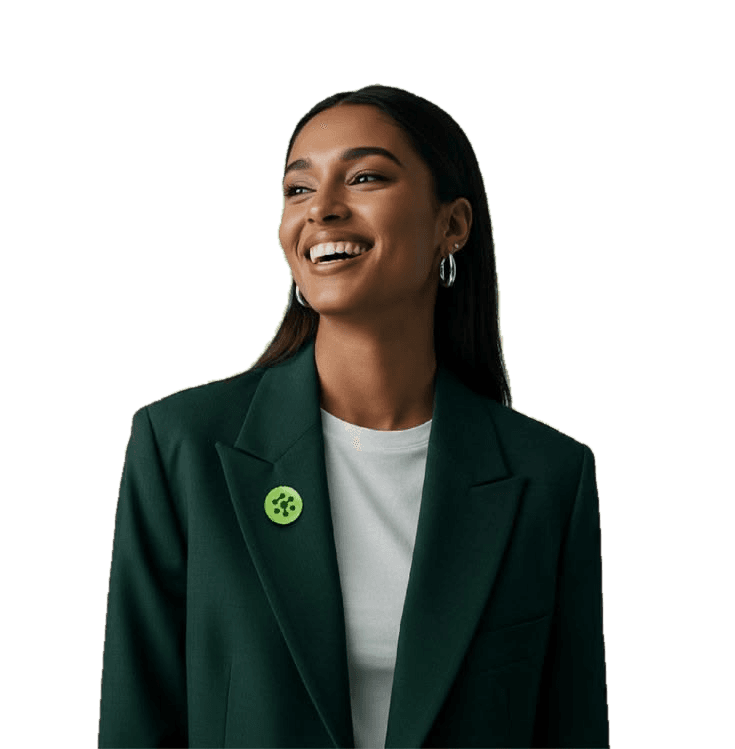A smiling woman in a forest-green blazer with a lime pin and a white top